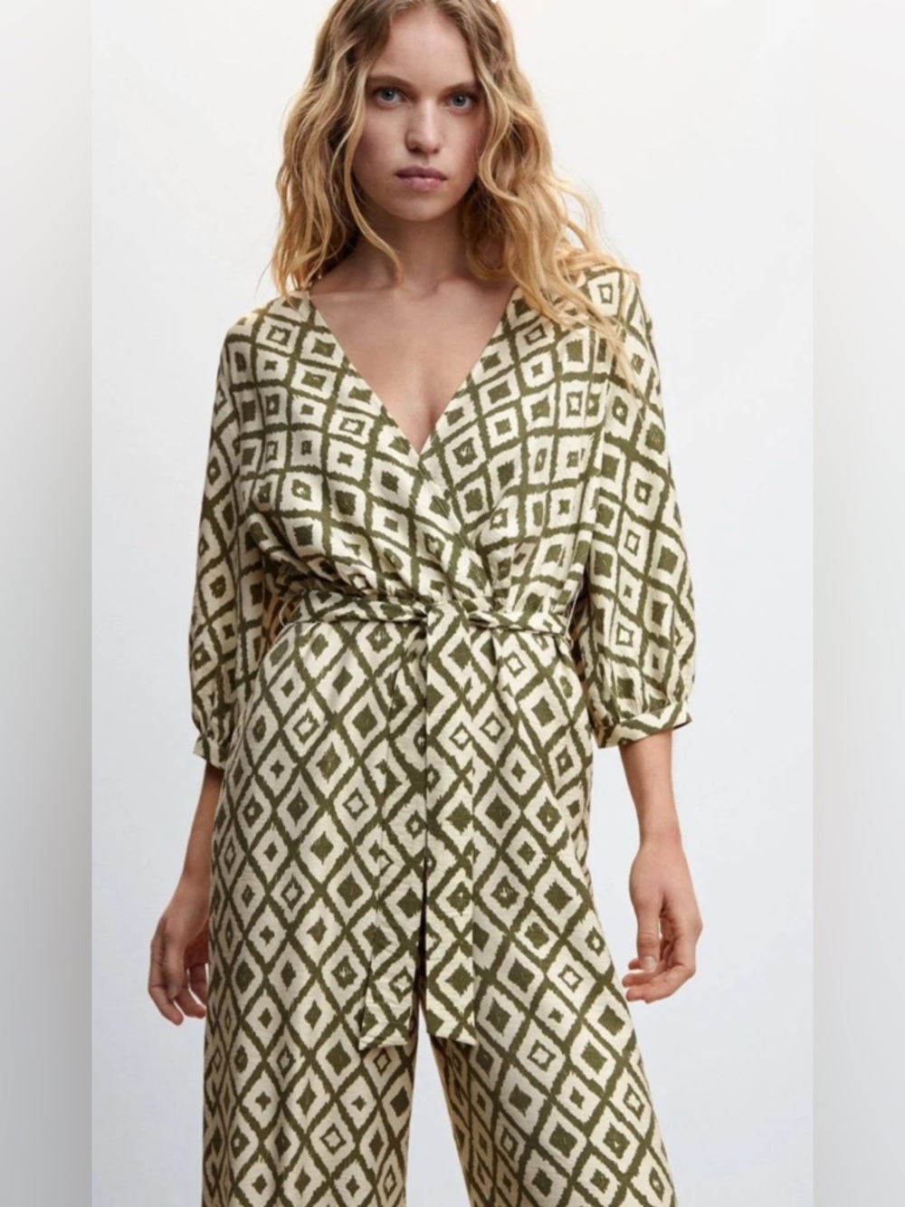 Olive Diamond-Print Wrap Jumpsuit